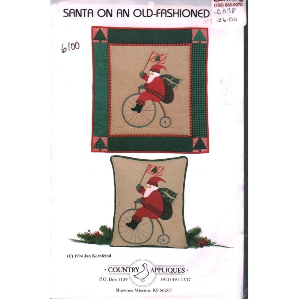 Vintage Country Appliques Santa On An Old-Fashioned Bike Pattern Jan Kornfeind